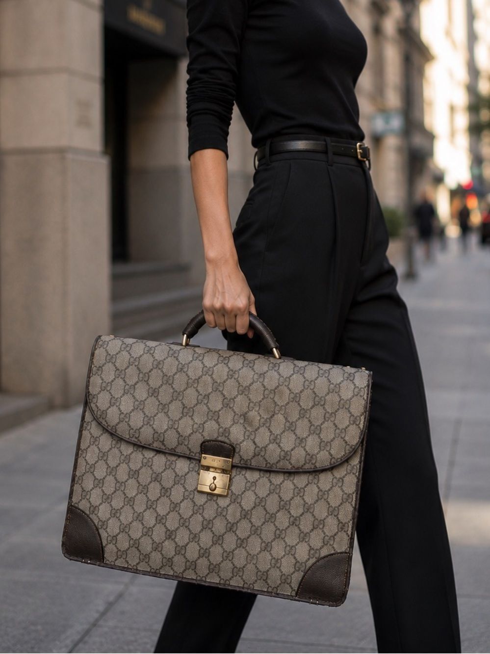 Vintage 1960s Gucci Brown Monogram Briefcase with Brown Leather Trim & Lock Key